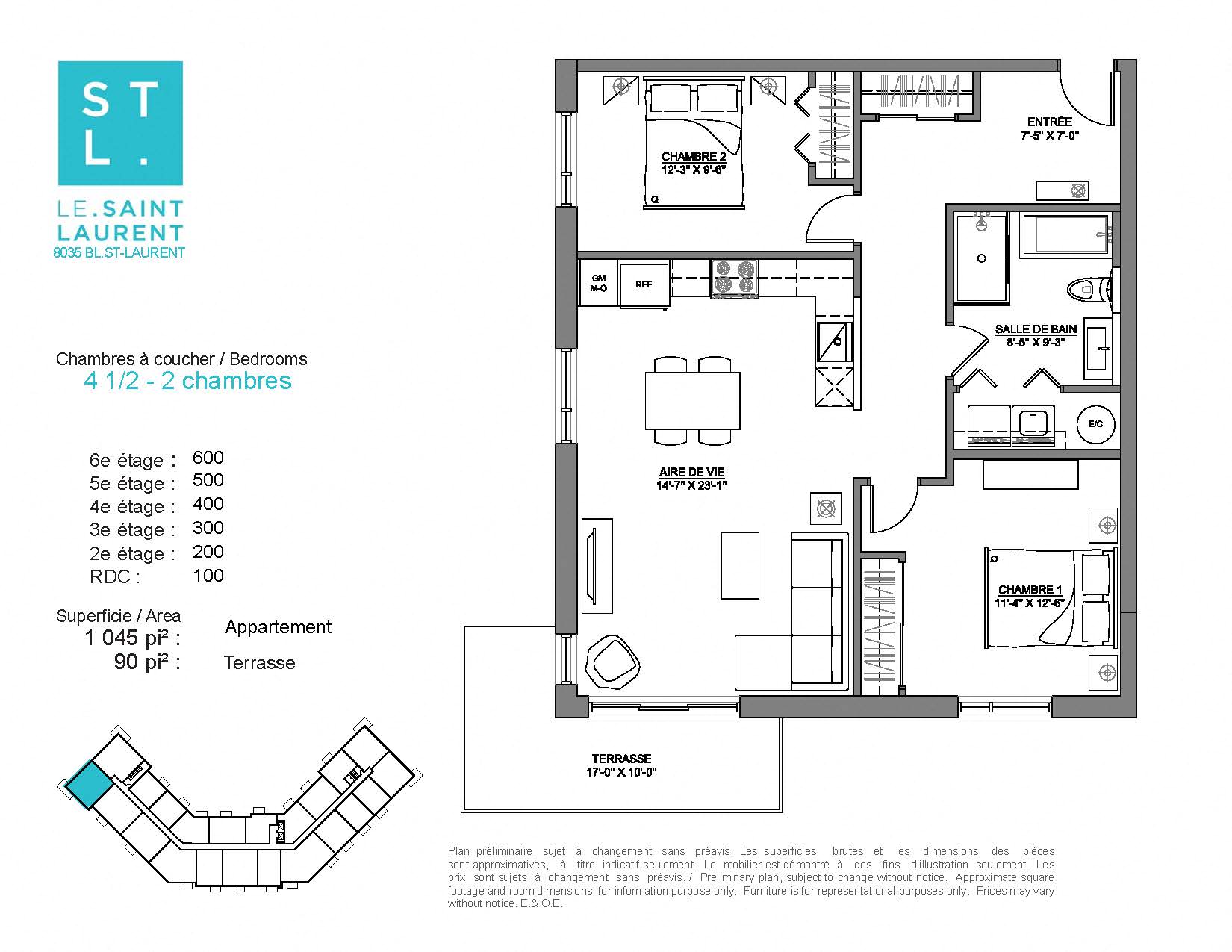 Floor plan for 2 beds, 1 bath, 1045 sqft