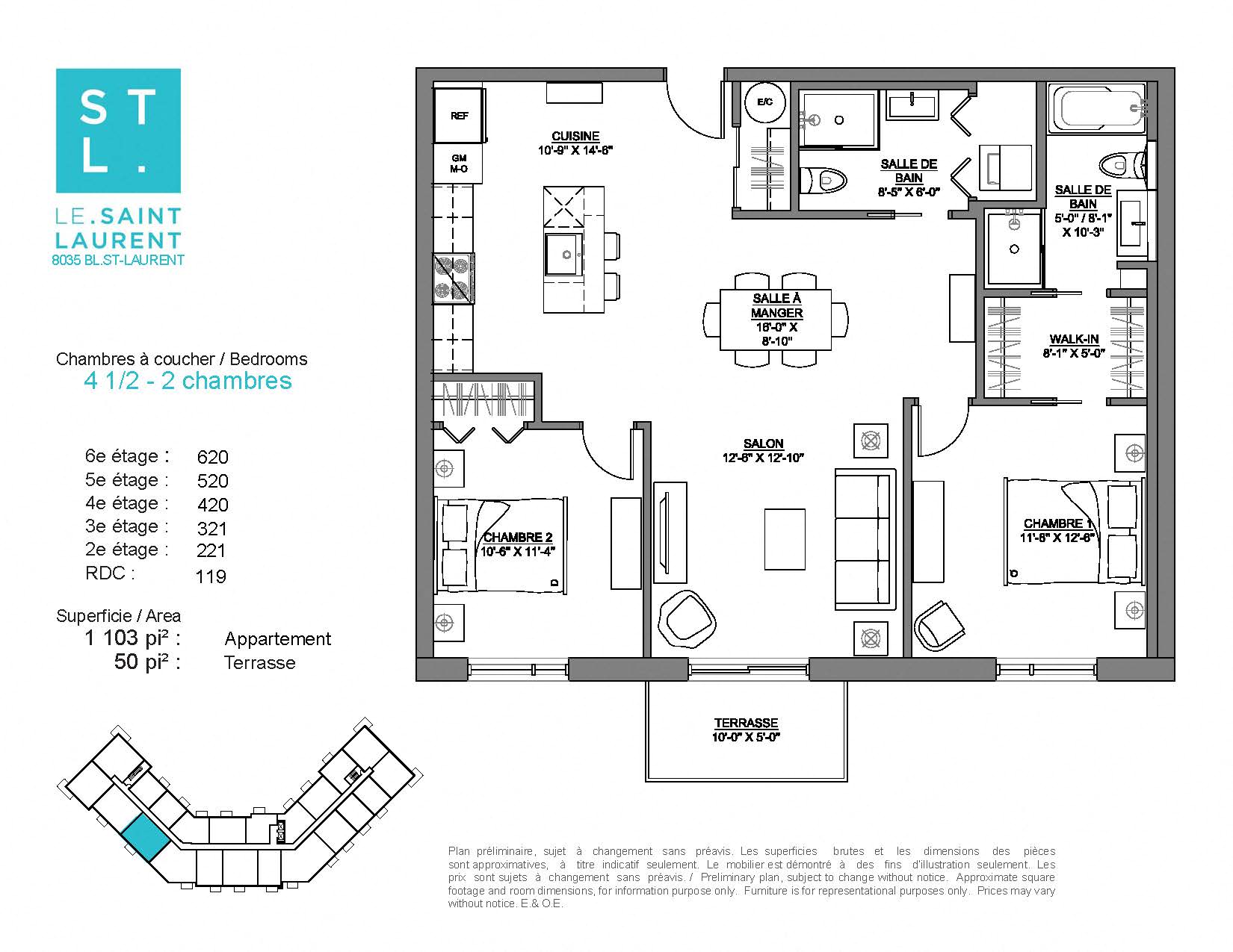 Floor plan for 2 beds, 1 bath, 1103 sqft