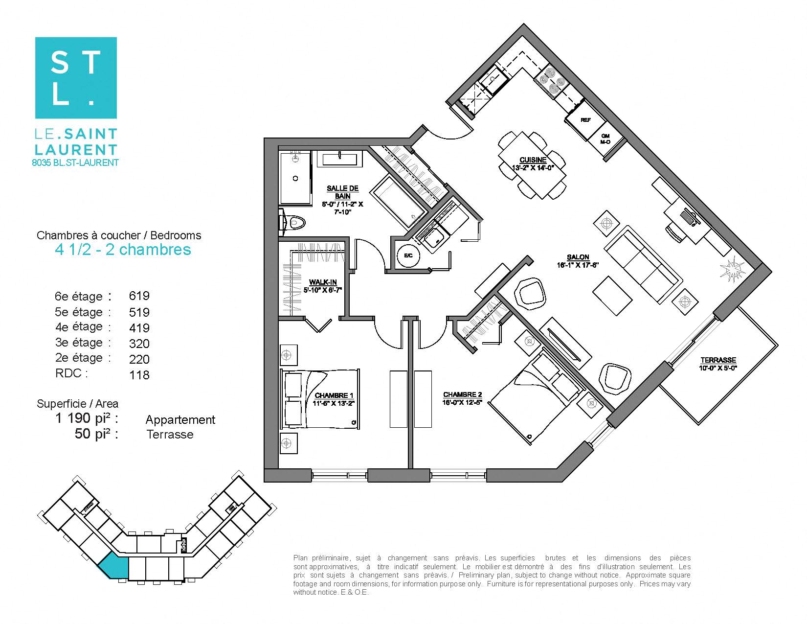 Floor plan for 2 beds, 1 bath, 1190 sqft