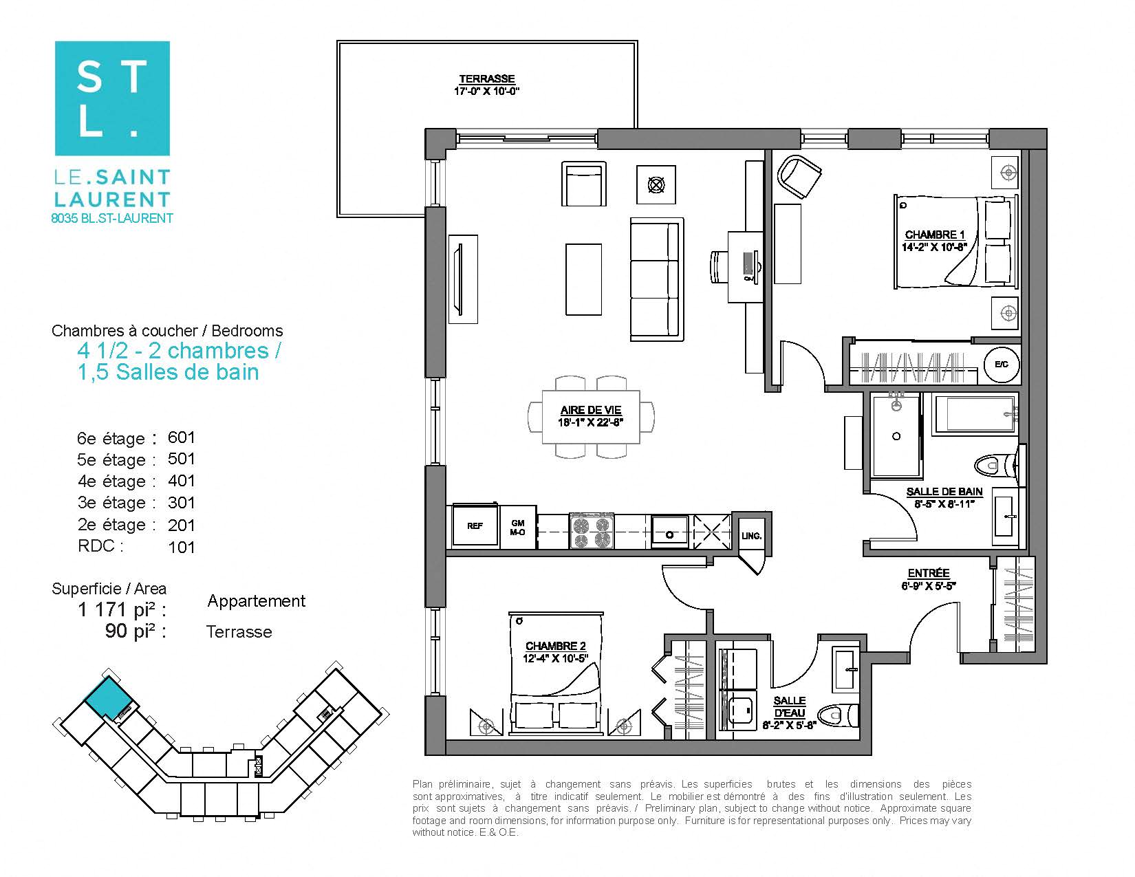 Floor plan for 2 beds, 1.5 baths, 1171 sqft