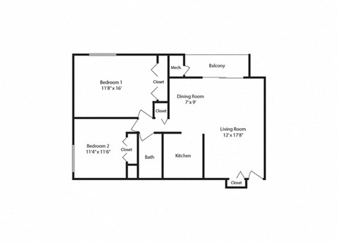 Floor plan for 2 beds, 1 bath, 887 sqft