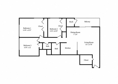 Floor plan for 3 beds, 2 baths, 1302 sqft