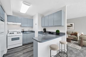 Washington apartment for rent - A kitchen with a white stove top oven and a grey counter top.
