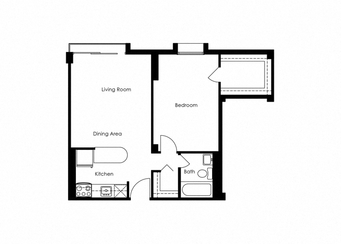 Floor plan for 1 bed, 1 bath, 613 sqft
