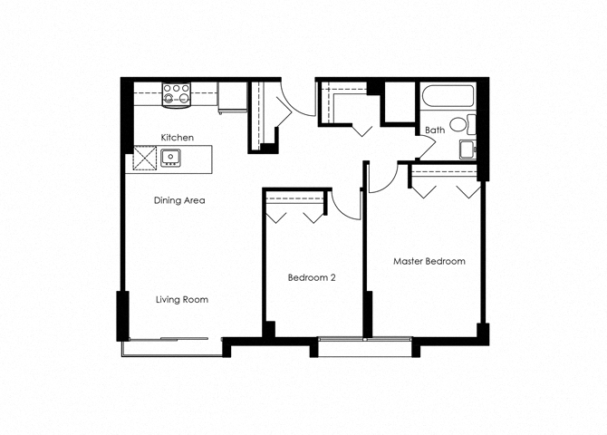 Floor plan for 2 beds, 1 bath, 713 sqft