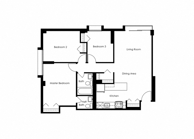 Floor plan for 3 beds, 2 baths, 904 sqft
