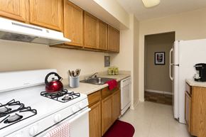 Washington apartment for rent - a kitchen with a stove and a sink and a refrigerator