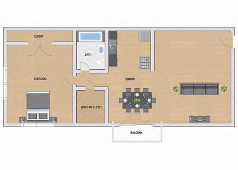 Floor plan for 1 bed, 1 bath, 655 sqft