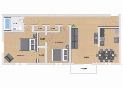 Floor plan for 2 beds, 1 bath, 792 sqft