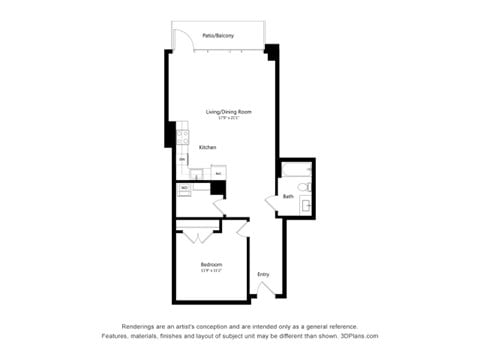 Floor plan for 1 bed, 1 bath, 790 sqft