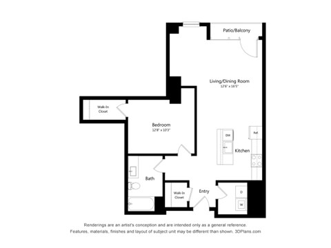 Floor plan for 1 bed, 1 bath, 835 sqft