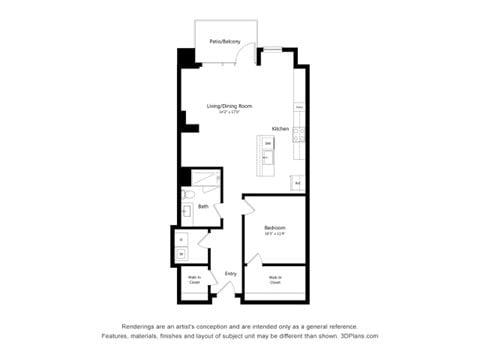 Floor plan for 1 bed, 1 bath, 905 sqft