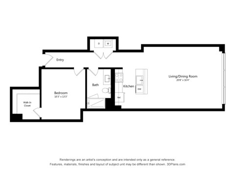 Floor plan for 1 bed, 1 bath, 980 sqft