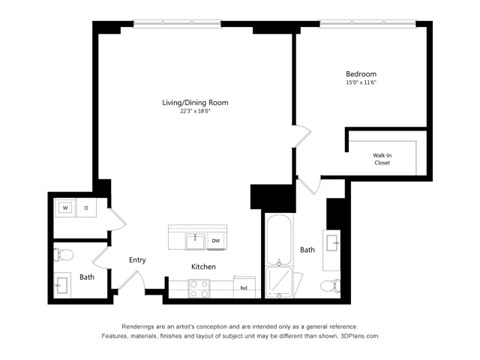 Floor plan for 1 bed, 1 bath, 1240 sqft
