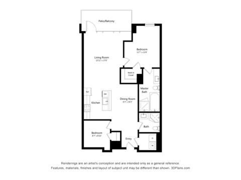 Floor plan for 2 beds, 2 baths, 1100 sqft