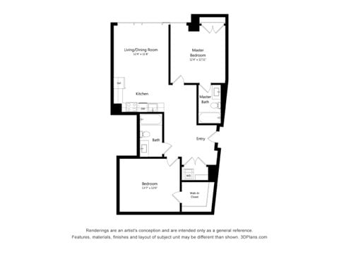 Floor plan for 2 beds, 2 baths, 1000 sqft
