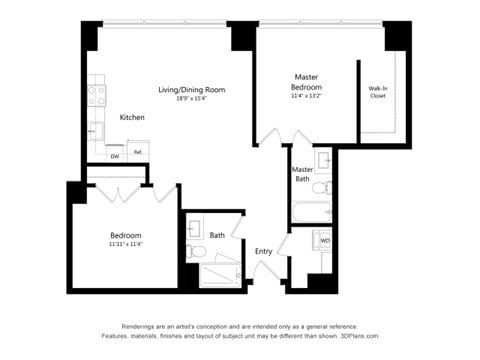 Floor plan for 2 beds, 2 baths, 1020 sqft