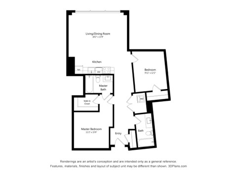 Floor plan for 2 beds, 2 baths, 1085 sqft
