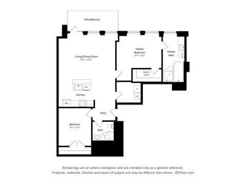 Floor plan for 2 beds, 2 baths, 1210 sqft