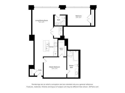 Floor plan for 2 beds, 2 baths, 1285 sqft