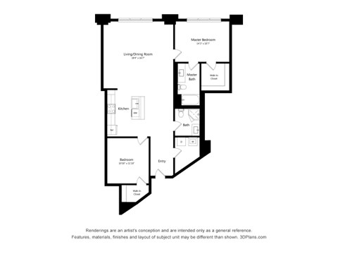 Floor plan for 2 beds, 2 baths, 1300 sqft