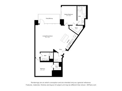 Floor plan for 2 beds, 2 baths, 1325 sqft