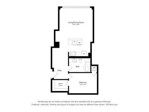 Floor plan for 1 bed, 1 bath, 823 sqft