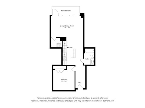 Floor plan for 1 bed, 1 bath, 790 sqft
