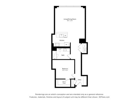 Floor plan for 1 bed, 1 bath, 950 sqft