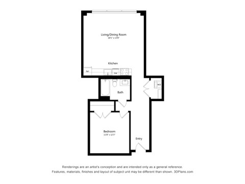 Floor plan for 1 bed, 1 bath, 820 sqft