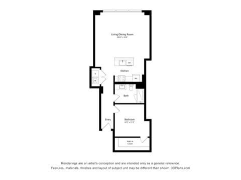 Floor plan for 1 bed, 1 bath, 880 sqft