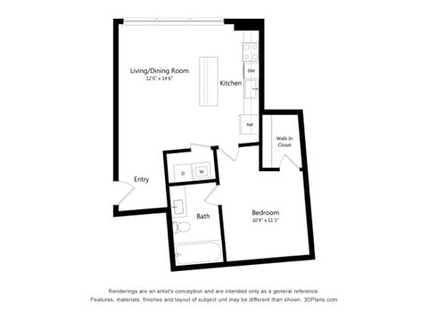 Floor plan for 1 bed, 1 bath, 680 sqft