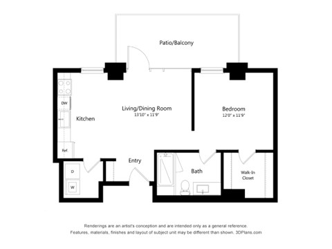 Floor plan for 1 bed, 1 bath, 650 sqft