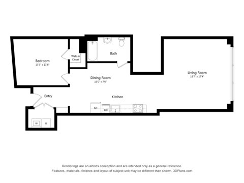 Floor plan for 1 bed, 1 bath, 985 sqft