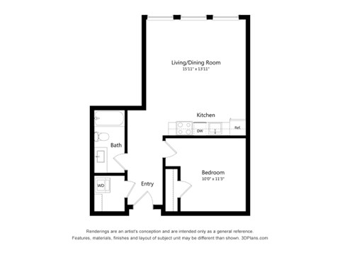 Floor plan for 1 bed, 1 bath, 640 sqft
