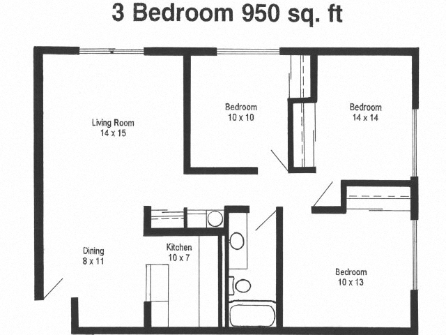 Floor plan for 3 beds, 1 bath, 950 sqft