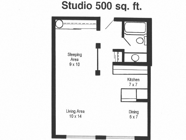Floor plan for studio, 1 bath, 500 sqft
