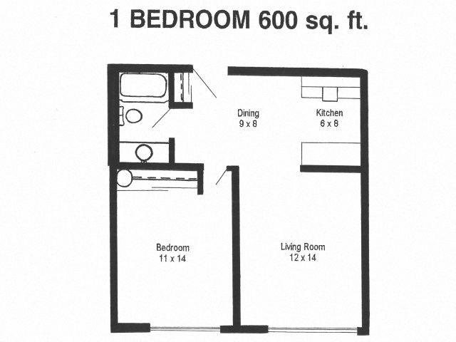 Floor plan for 1 bed, 1 bath, 600 sqft