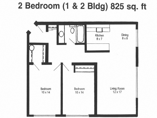 Floor plan for 2 beds, 1 bath, 825 sqft