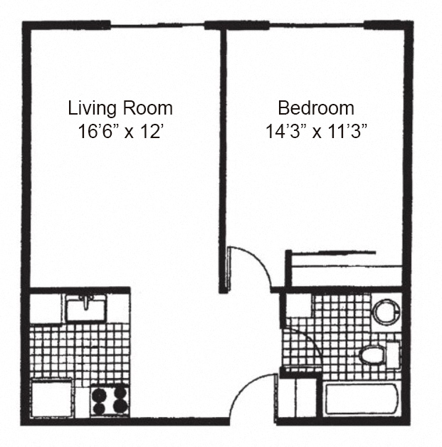 Floor plan for 1 bed, 1 bath, 528 sqft