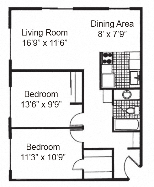 Floor plan for 2 beds, 1 bath, 820 sqft