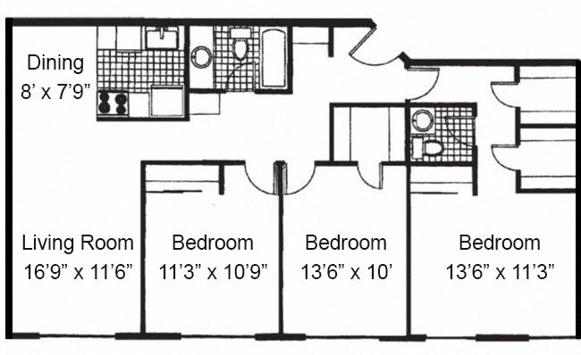 Floor plan for 3 beds, 2 baths, 1148 sqft