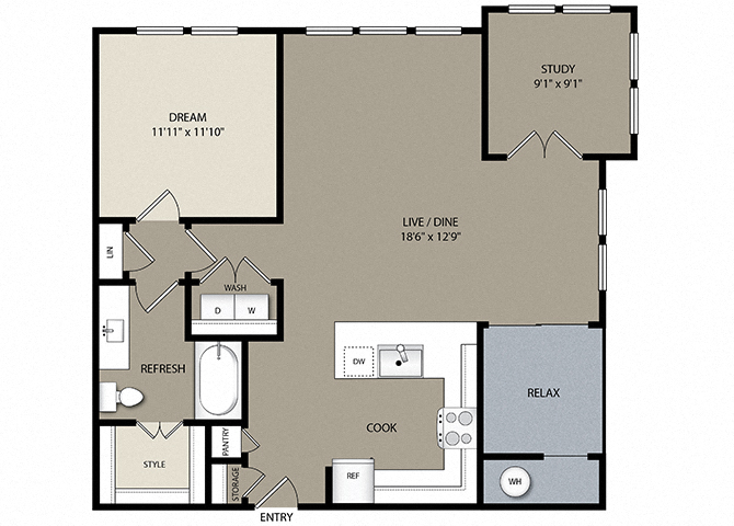 Floor plan for 1 bed, 1 bath, 990 sqft