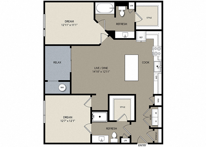 Floor plan for 2 beds, 2 baths, 1136 sqft