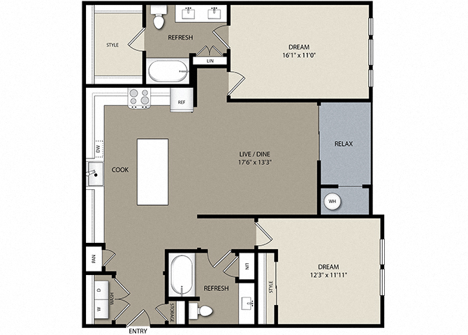 Floor plan for 2 beds, 2 baths, 1236 sqft