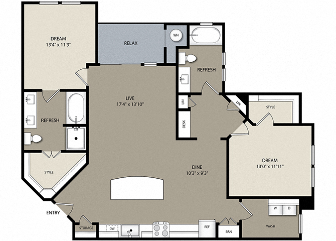 Floor plan for 2 beds, 2 baths, 1316 sqft