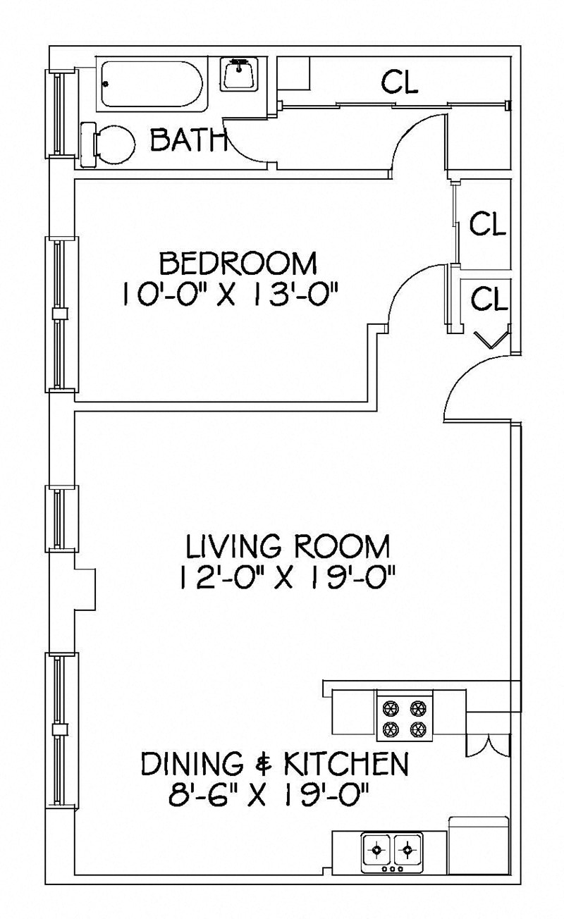 Floor plan for 1 bed, 1 bath, 725 sqft