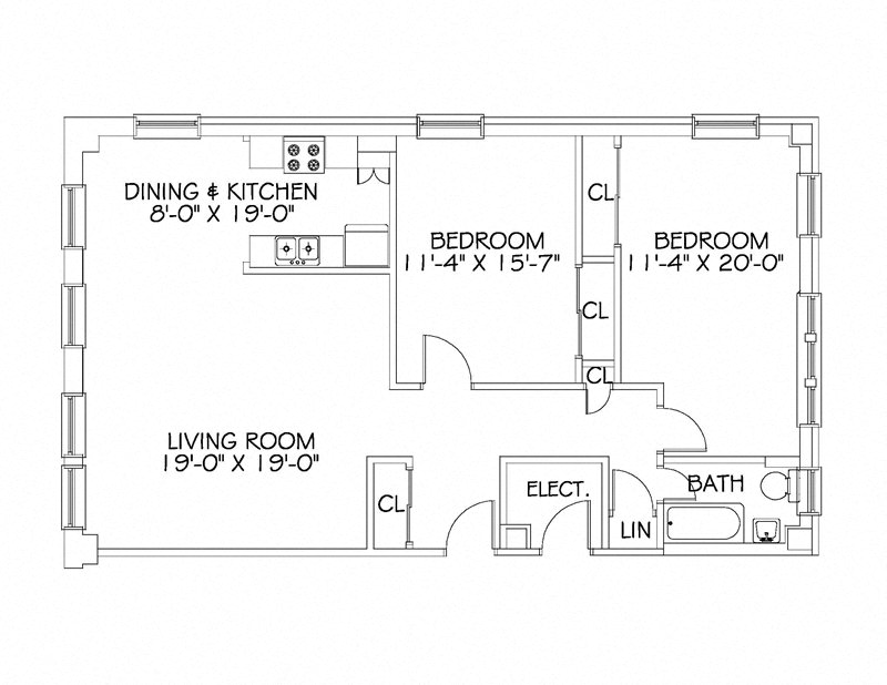 Floor plan for 2 beds, 1 bath, 1181 sqft