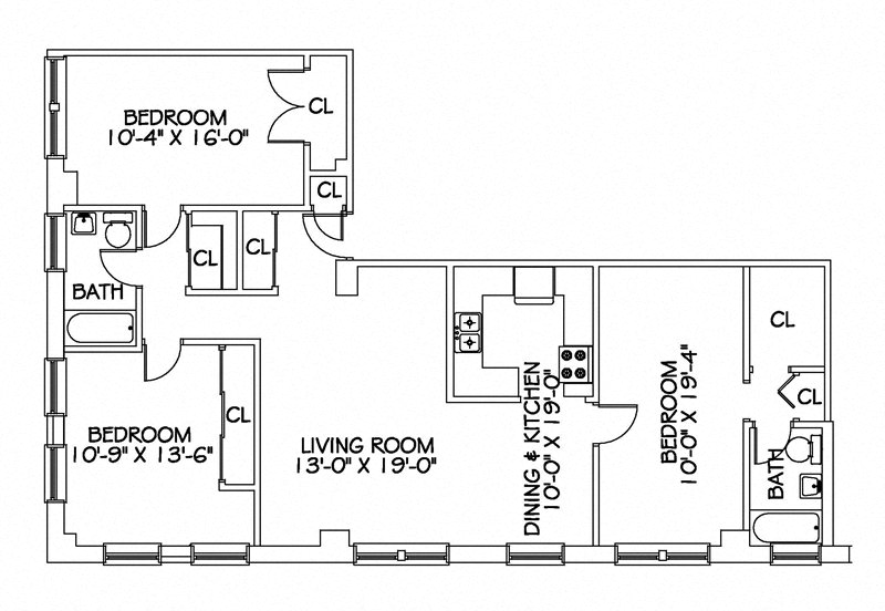Floor plan for 3 beds, 2 baths, 1374 sqft