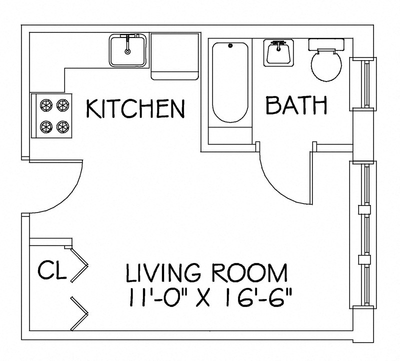 Floor plan for studio, 1 bath, 329 sqft